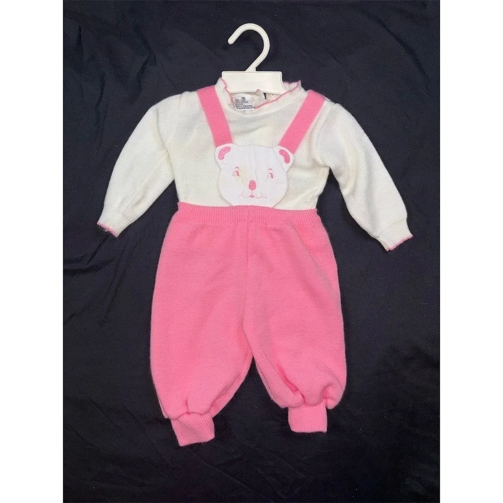Vintage 1970s Baby Knit Outfit Girl Pink Bunny Suspender Pants Set Size 6-9M NOS